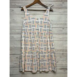Rainbow Striped Linen Blend Button Front Tie Shoulder Dress with Pockets Small